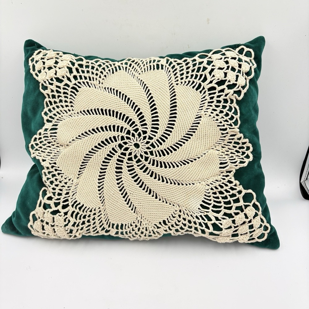 Vintage Green Velvet Lace Doily Pillow Handmade Cottagecore Victorian 15" Read
